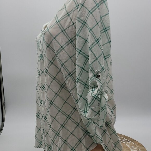 Kim Rogers Green & White Plaid Button-Front Blouse With 3/4 Sleeves - Picture 9 of 15